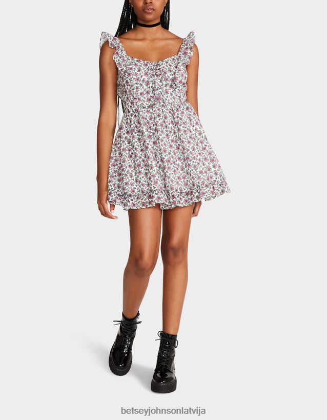 vintage ditsy ziedu mini kleita balta multi Betsey Johnson H0660L300 sievietes apģērbs